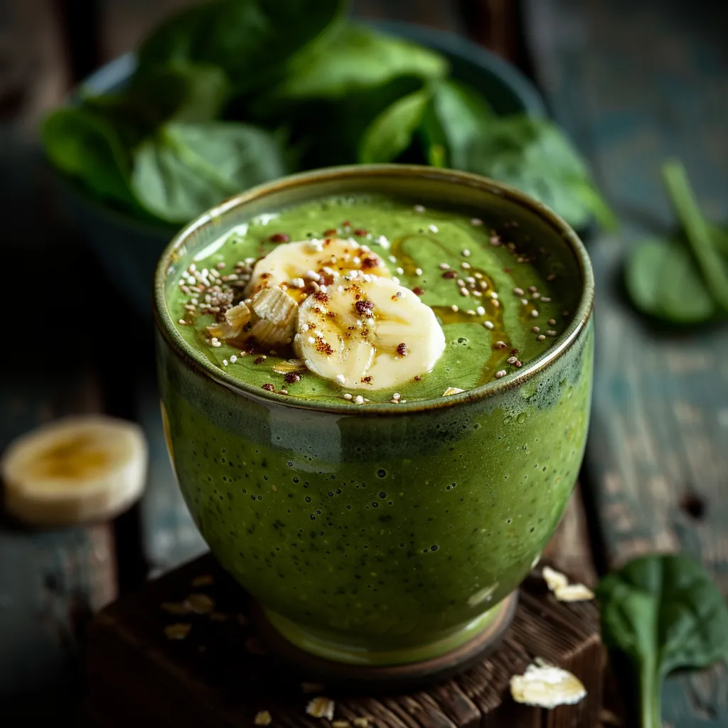 Hyper-detailed image of a nutritious smoothie with visible spinach leaves and banana chunks, in natural warm light.