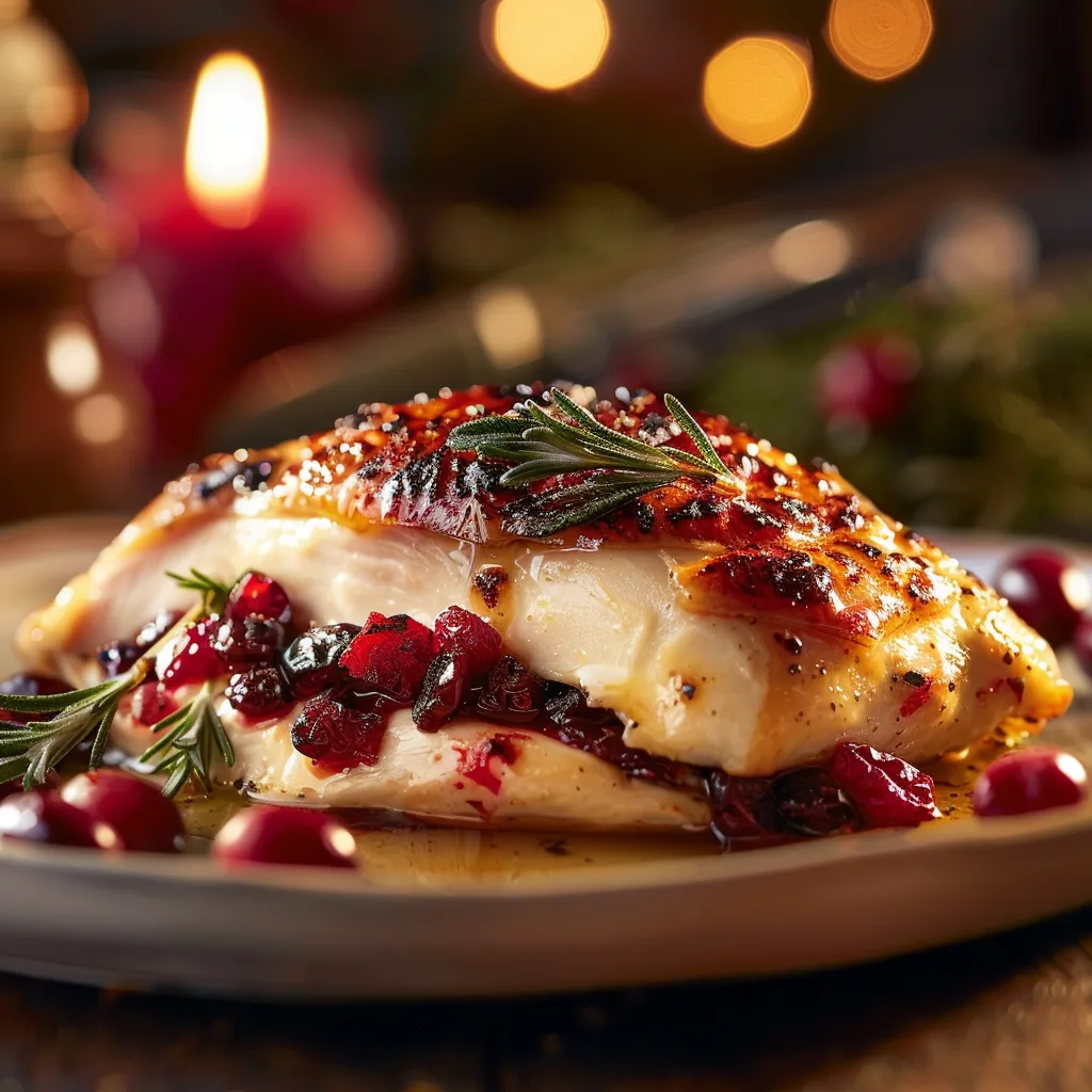 Eye-level view of a sliced cranberry Brie stuffed chicken with a cozy background.