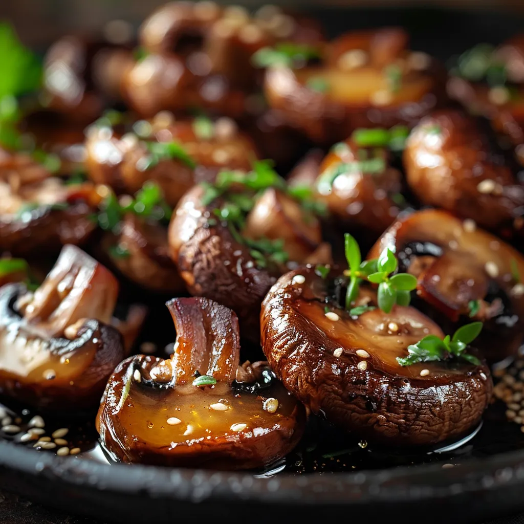Detailed view of roasted mushrooms with a glossy glaze, set against a cozy blurred background.