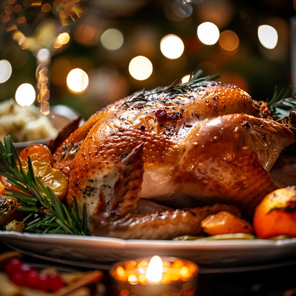 Festive Christmas dinner featuring a perfectly cooked turkey with mashed potatoes and green beans.