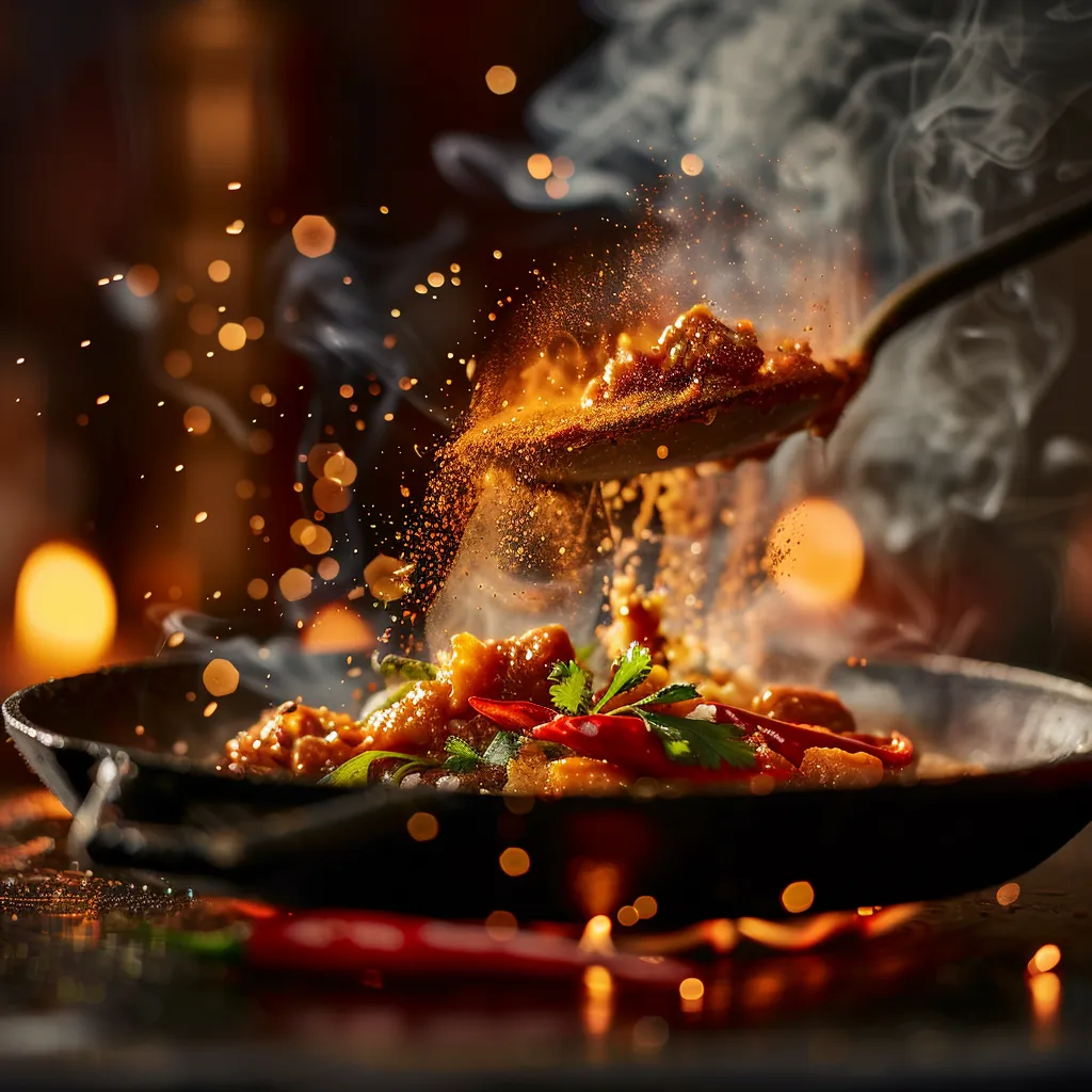 Appetizing spicy dish captured in natural light, highlighting its texture and rich colors.