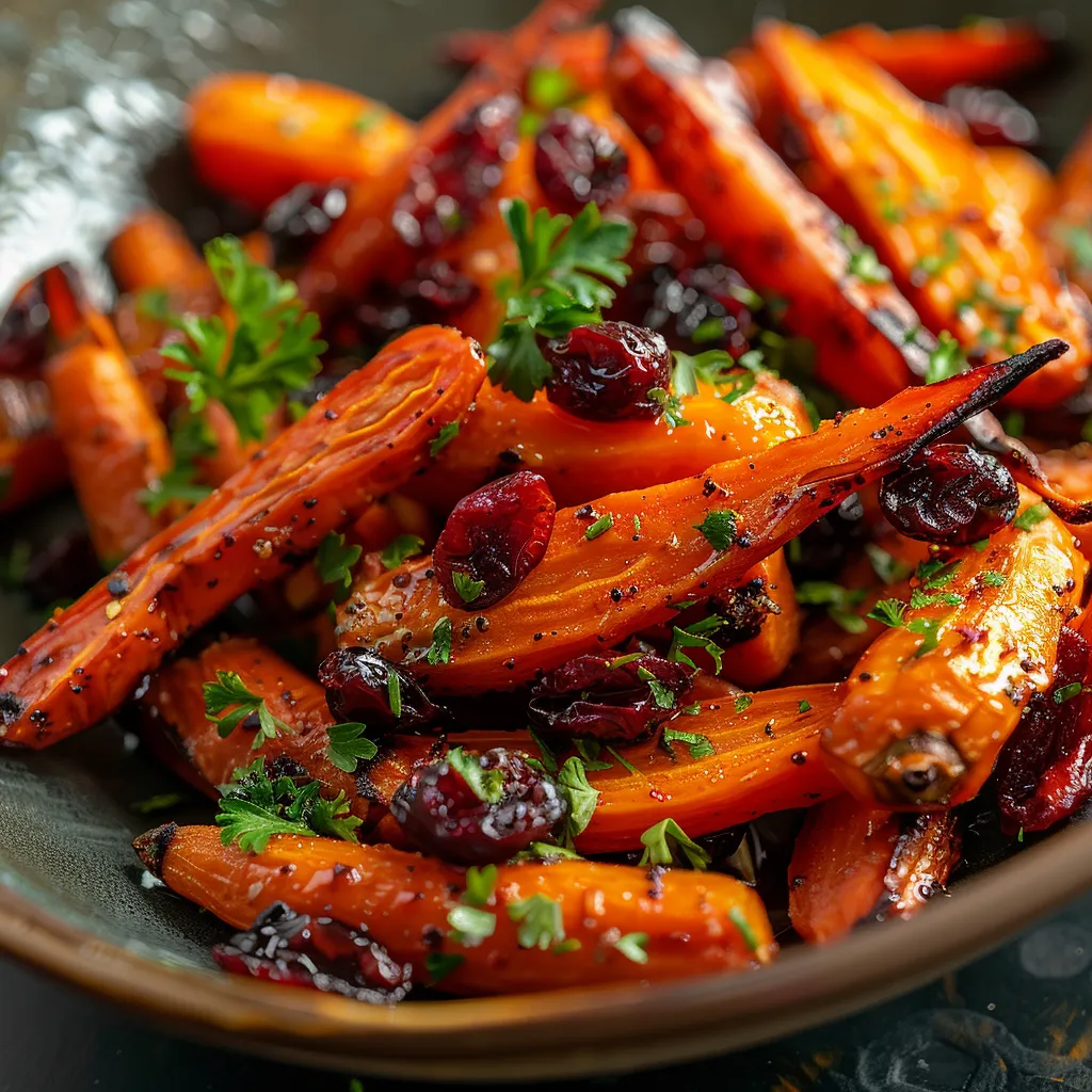 Detailed image of maple-roasted carrots garnished with cranberries and herbs.