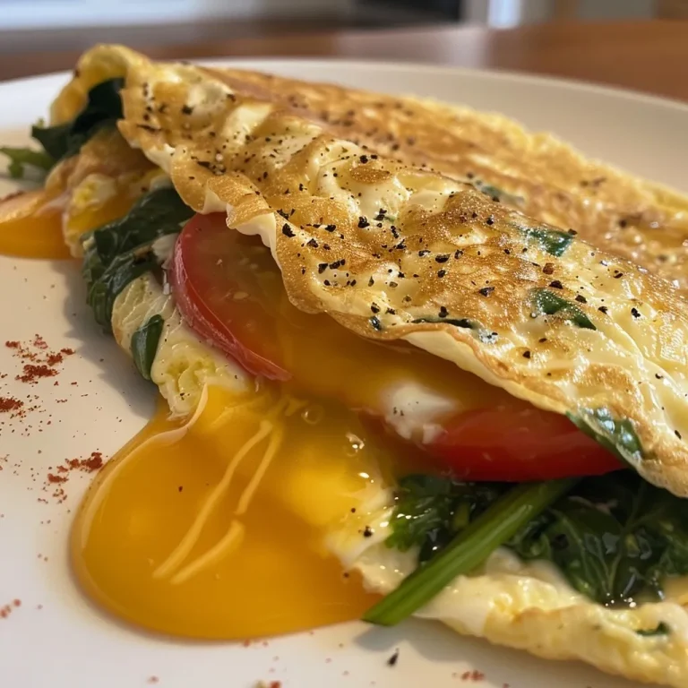 A close-up view of a spinach and cheese omelette showcasing vibrant greens and melted cheese.