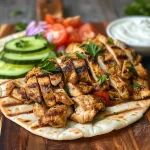 Juicy chicken shawarma wrapped in pita with creamy garlic sauce and fresh toppings.