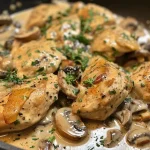 Close-up view of creamy mushroom chicken dish with vibrant colors and textures.