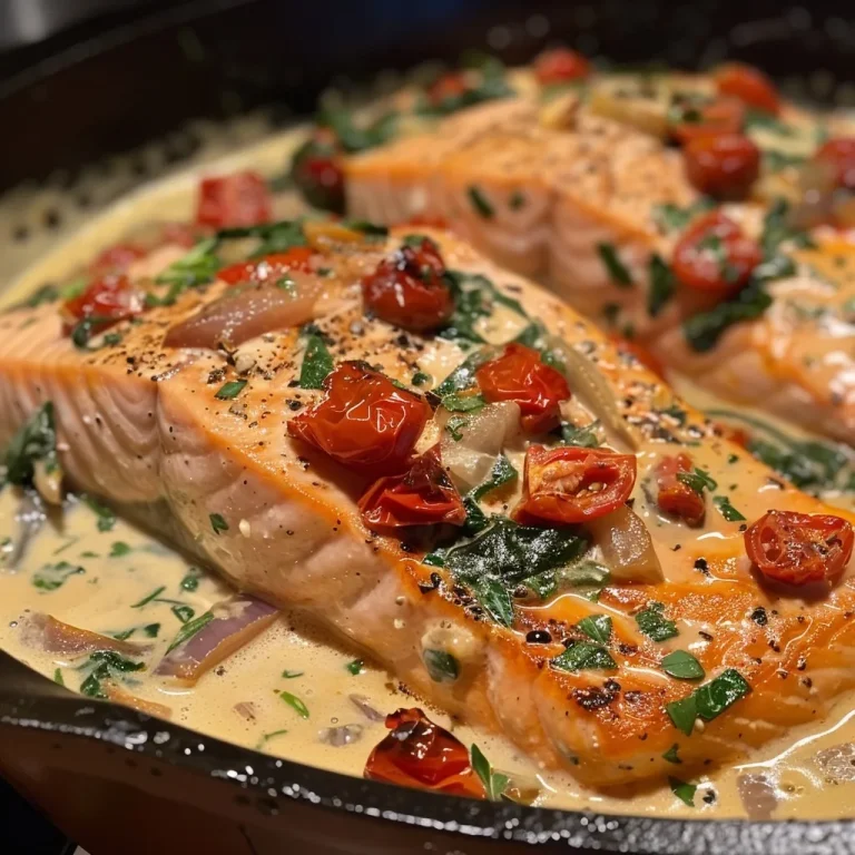 Close-up side view of creamy Tuscan salmon with vibrant colors of cherry and sun-dried tomatoes.