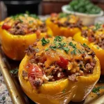 Close-up of stuffed bell peppers filled with ground beef and rice.