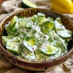 Close-up view of a vibrant cucumber yogurt salad with fresh herbs.