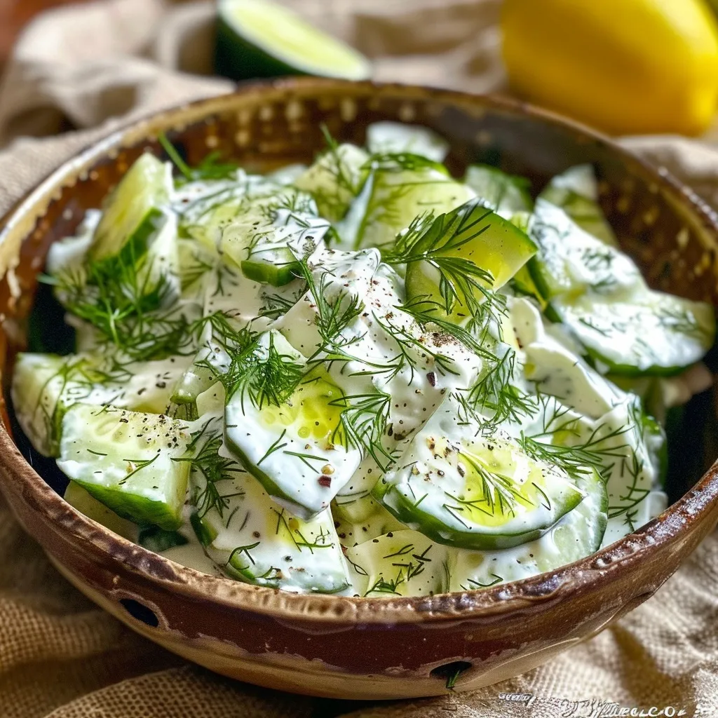 Close-up view of a vibrant cucumber yogurt salad with fresh herbs.