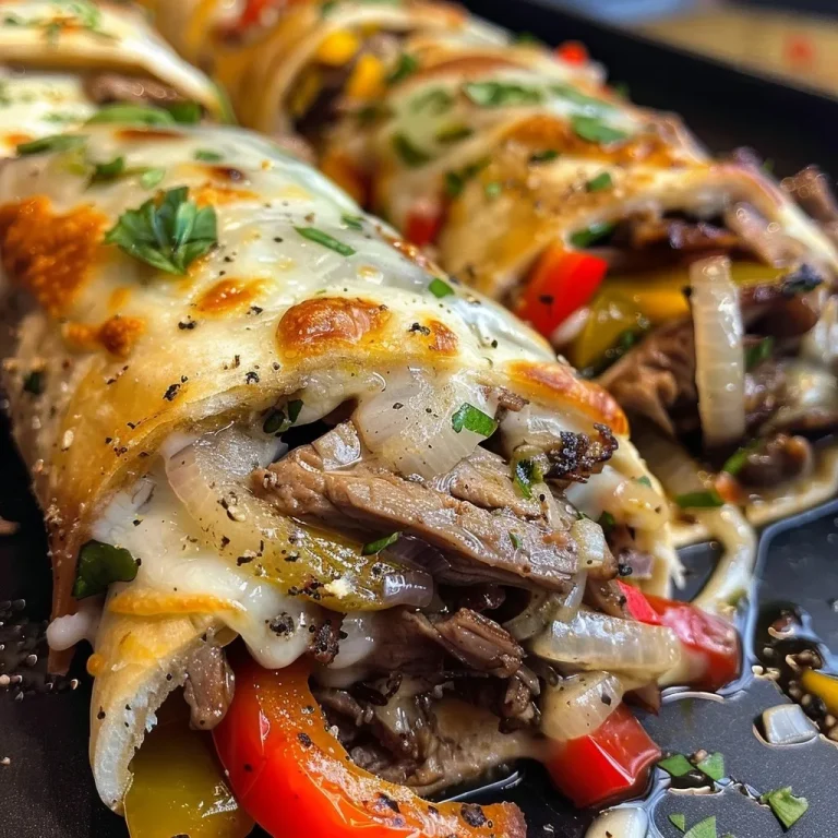 Close-up view of juicy Keto Philly Cheesesteak Roll Ups served on a plate.