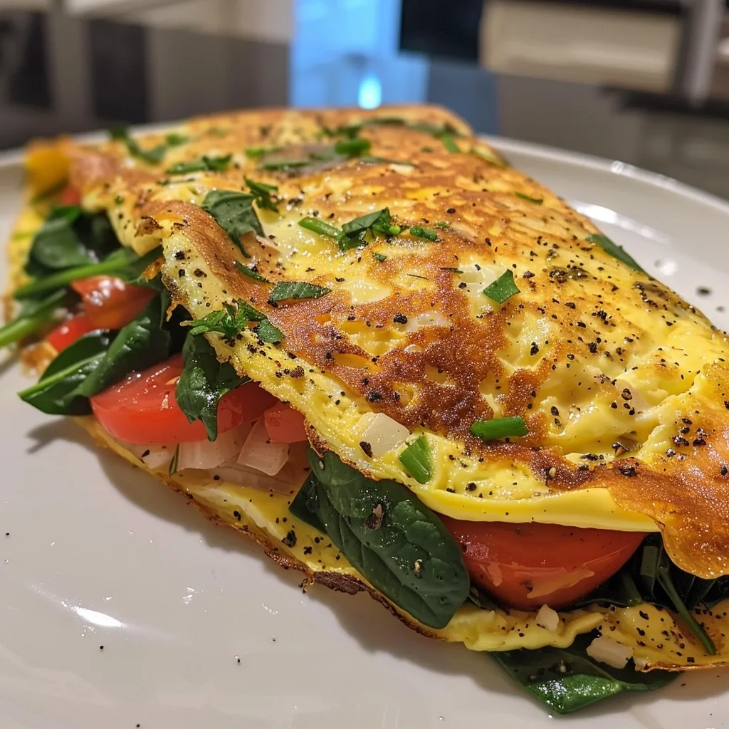 A side view of a fluffy omelette filled with spinach and havarti cheese, garnished with tomato slices.