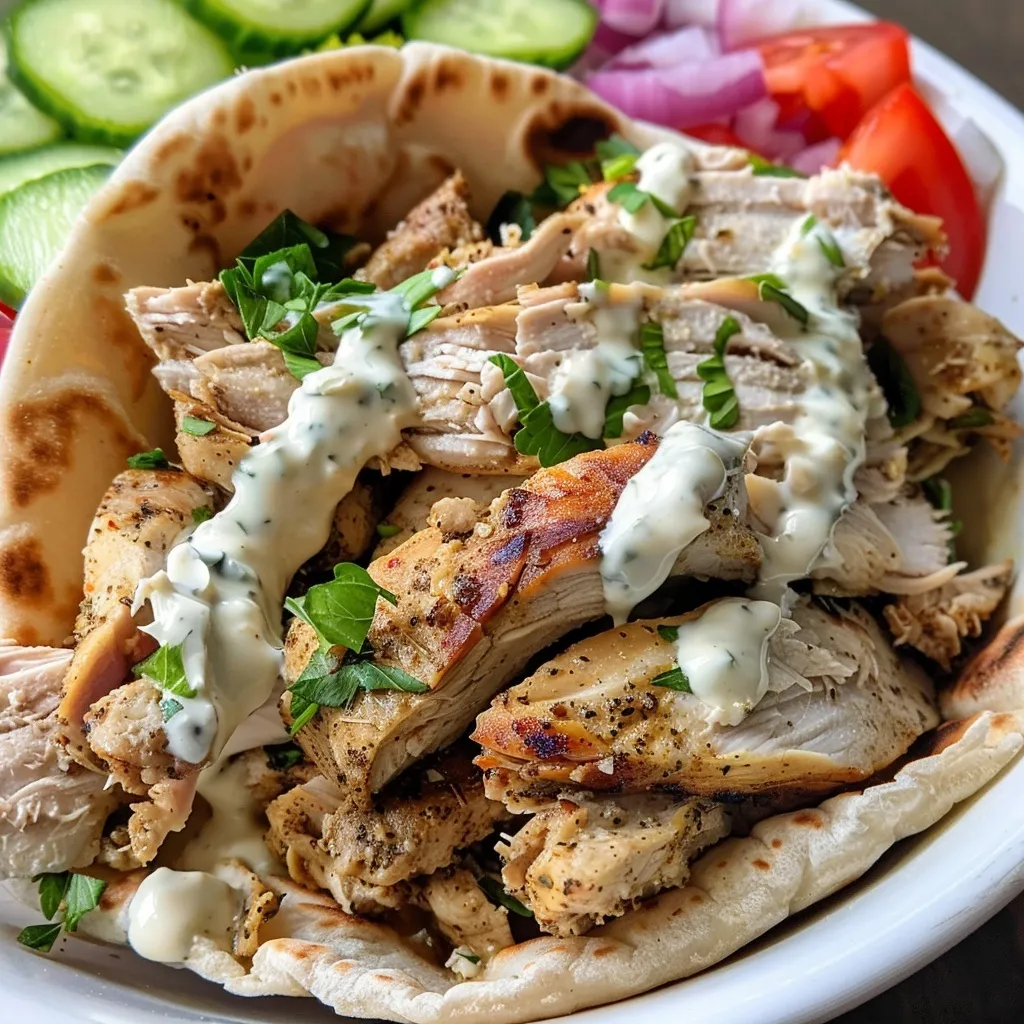 Close-up view of chicken shawarma served with garlic sauce, cucumber, tomato, and onion.