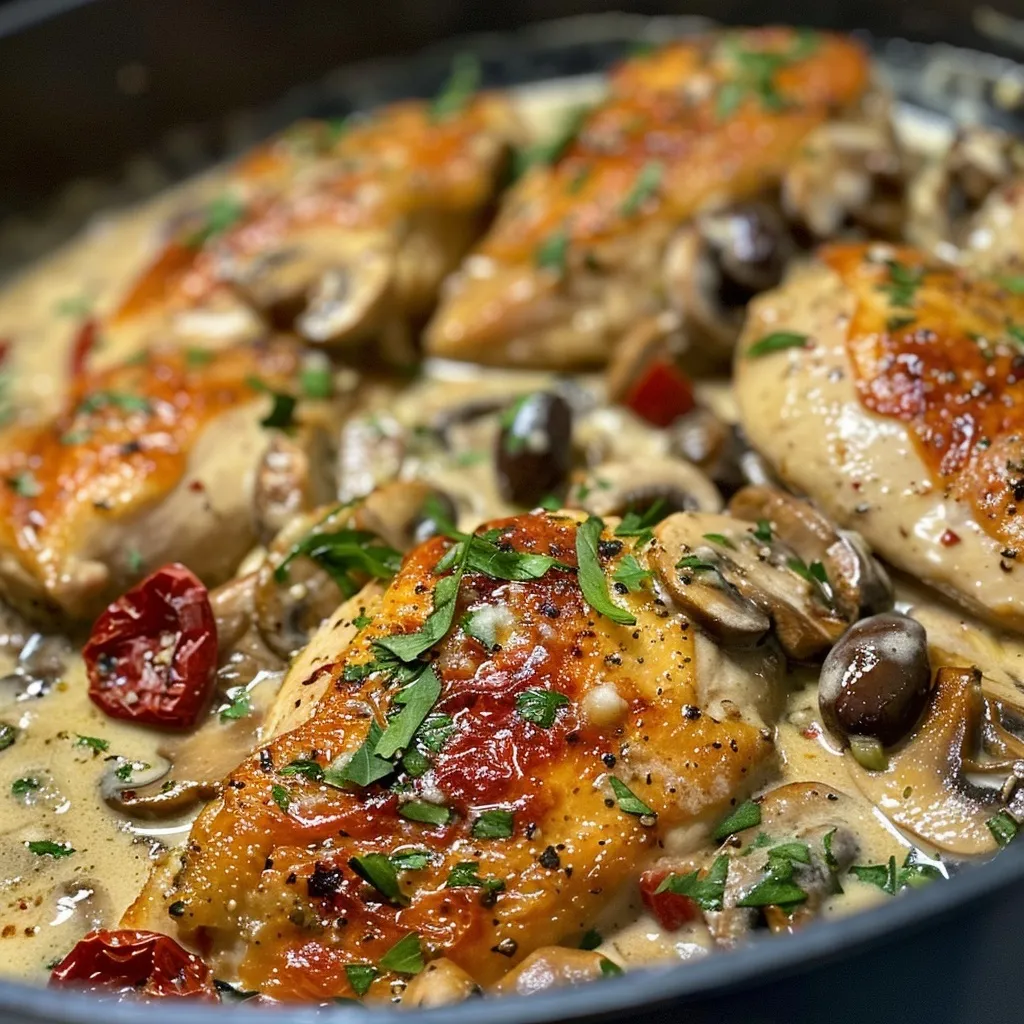 Juicy and colorful creamy mushroom chicken served in a rustic plate, showcasing ingredients.