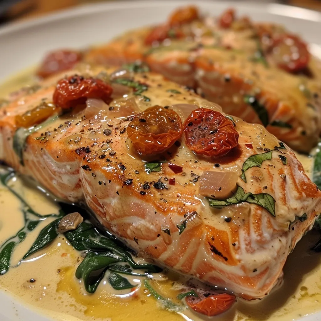 Juicy salmon fillets topped with creamy sauce and fresh spinach, garnished with bright tomatoes.