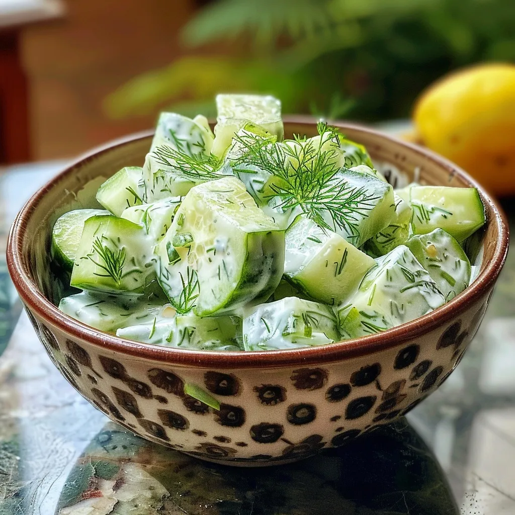 Side view of a bowl filled with creamy cucumber yogurt salad, garnished with dill.