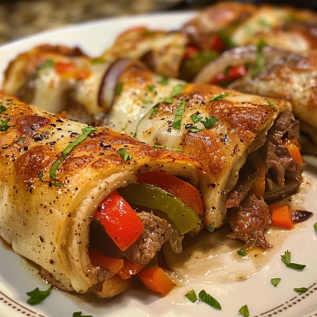 Side view of rolled philly cheesesteak wraps filled with beef and cheese.
