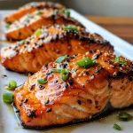 Close-up view of two juicy salmon fillets coated in honey garlic sauce, garnished with sesame seeds and green onions.