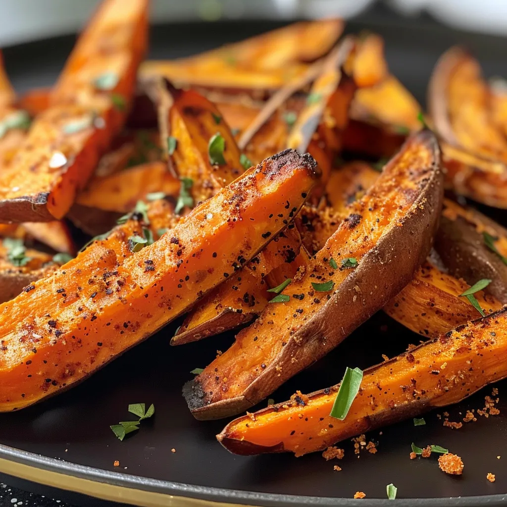 Juicy sweet potato fries seasoned with garlic and paprika, arranged neatly.