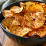 Close-up of crispy AirFryer apple chips on a white plate.