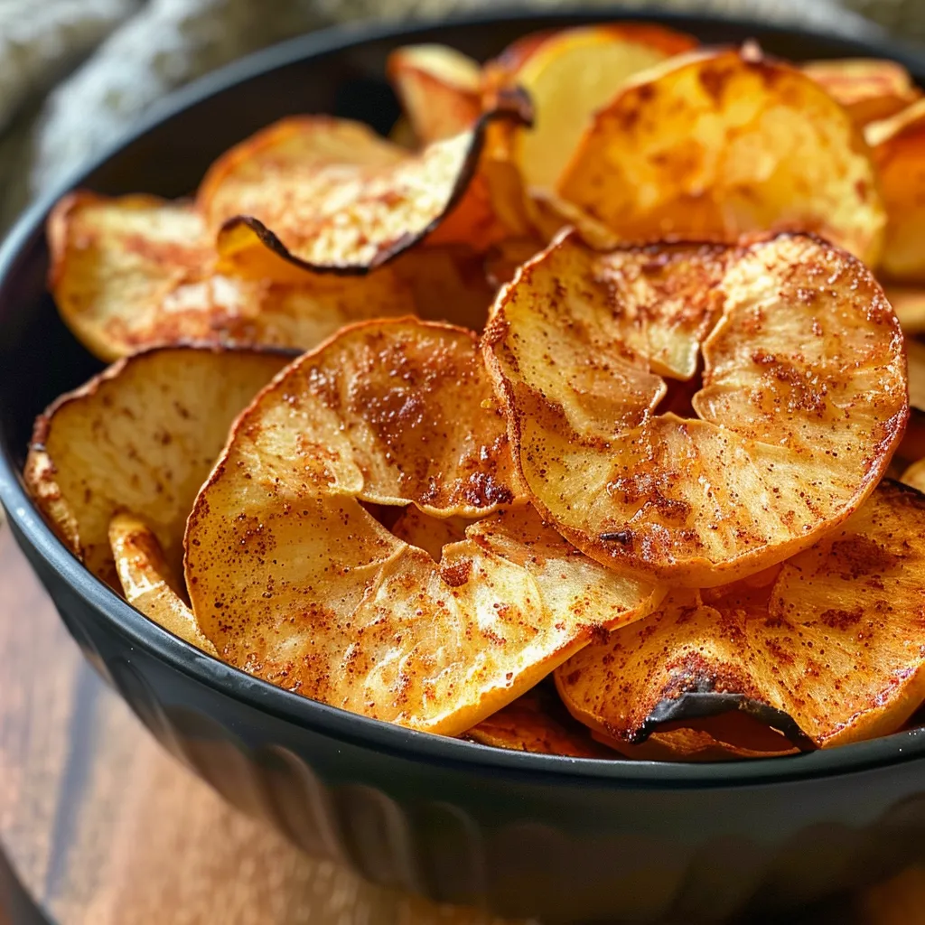 Close-up of crispy AirFryer apple chips on a white plate.