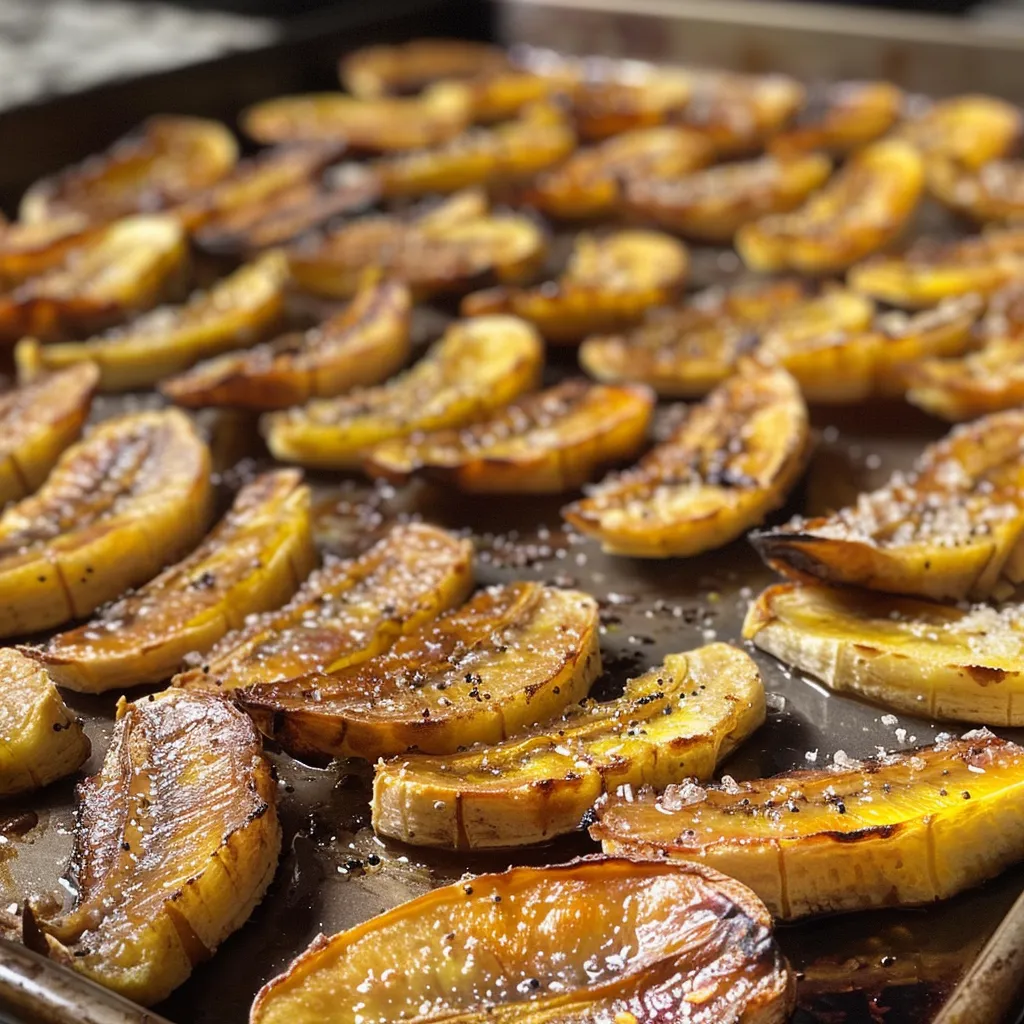 Side view of several crispy baked banana chips on a plate, highlighting their thin slices.