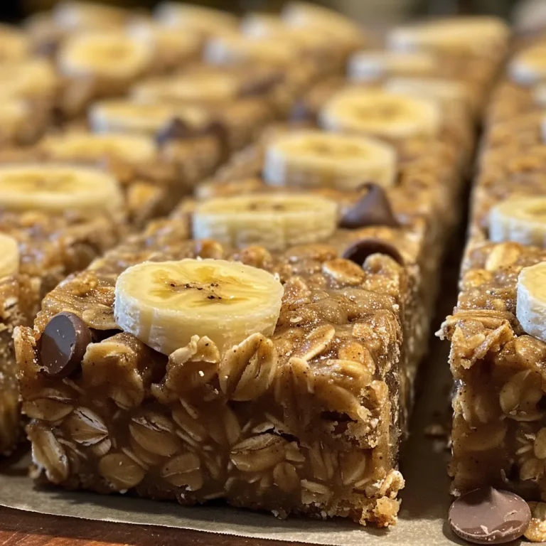 The Sweet and Nutty Adventure: Why These Banana Oatmeal Bars Are My Ultimate Snack Close-up side view of banana oatmeal bars, showcasing a golden brown surface with chocolate chips.