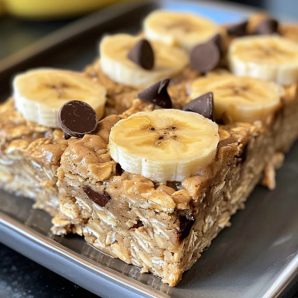 Appetizing banana oatmeal bars displayed on a wooden board, highlighting the texture and chocolate pieces.