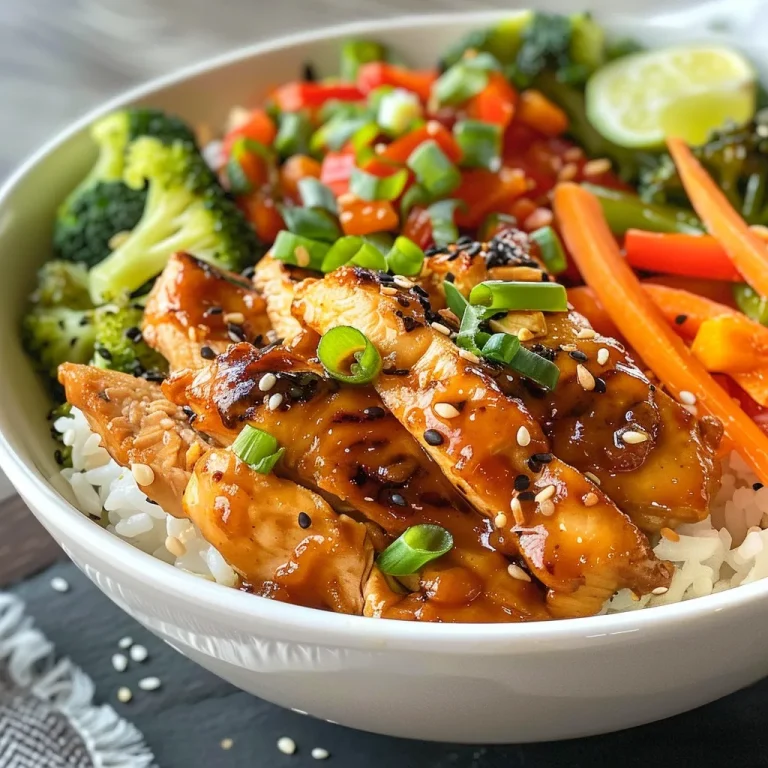 Close-up of a colorful Bang Bang Chicken Bowl filled with rice, vegetables, and chicken drizzled with sauce.