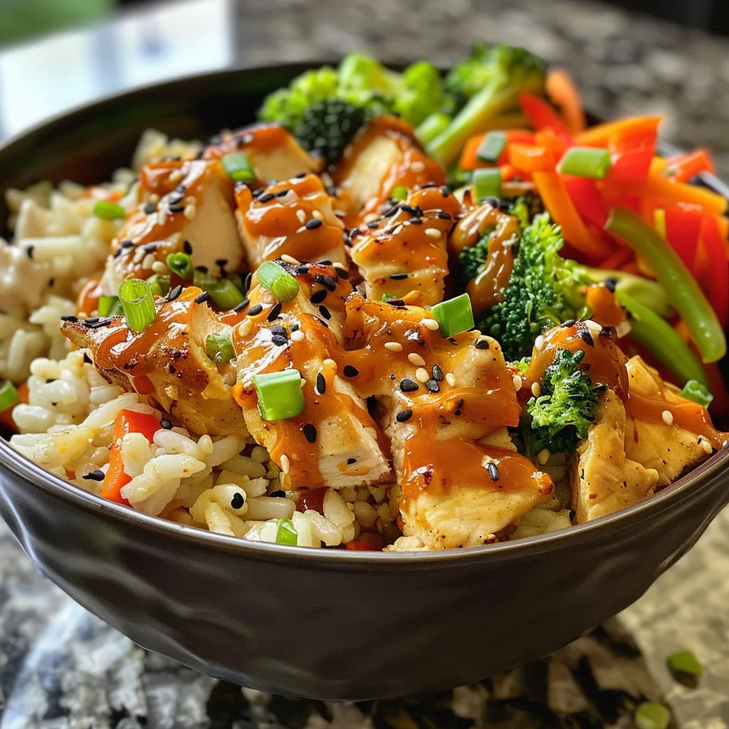 Side view of a delicious Bang Bang Chicken Bowl featuring tender chicken, mixed veggies, and a creamy sauce.