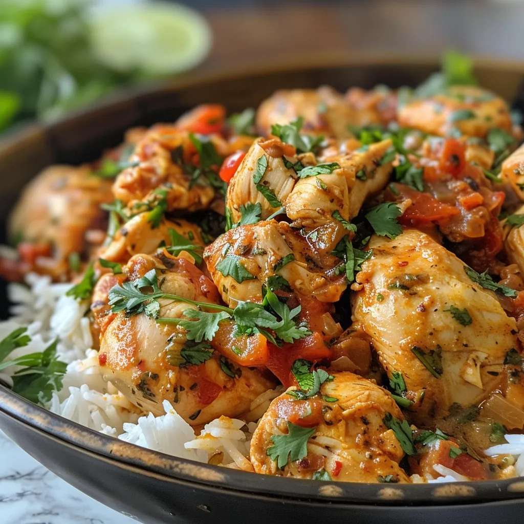 Close-up view of coconut chicken with herbs and spices.
