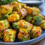 Close-up of crispy Broccoli Tots on a plate, showcasing their golden-brown texture.