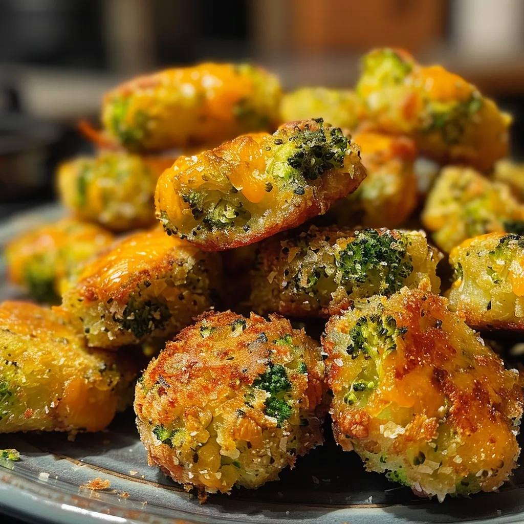 Side view of Broccoli Tots, highlighting their vibrant green interior and crunchy coating.