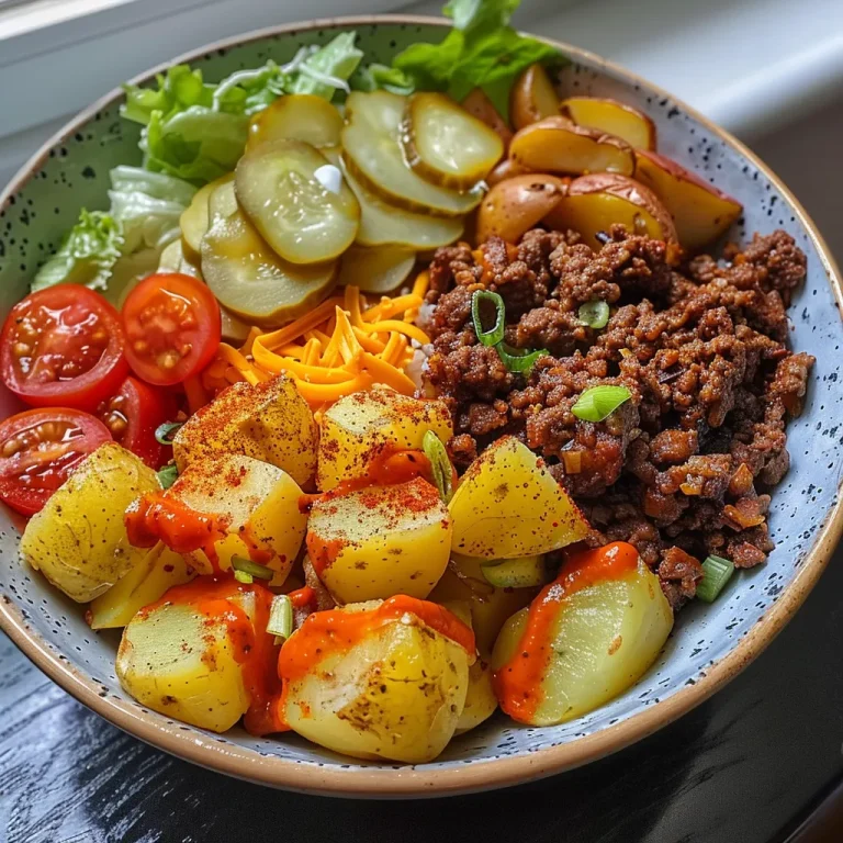 Sizzling Burger Bowls: Where Comfort Meets Kick! A close-up view of a colorful burger bowl filled with ground beef, vegetables, and sauces.