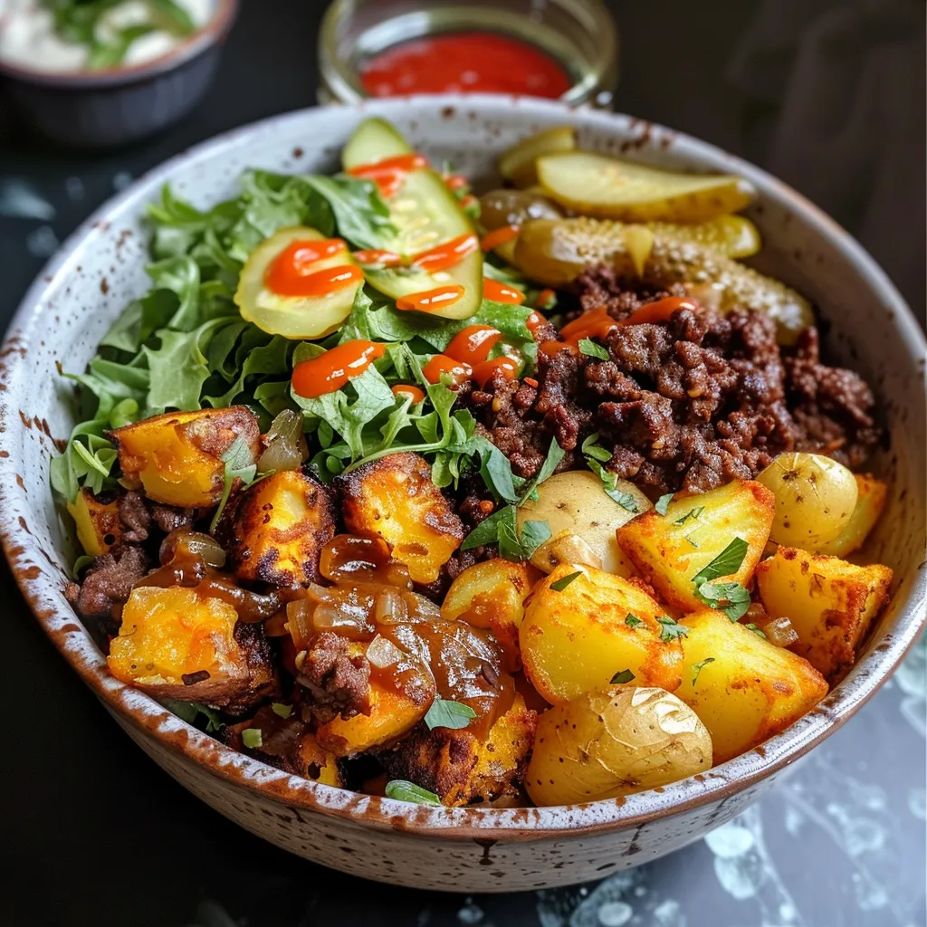 Side view of a vibrant burger bowl showcasing juicy beef, lettuce, cheese, and pickles.