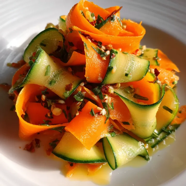 Close-up view of a vibrant Carrot and Cucumber Ribbon Salad with fresh herbs.
