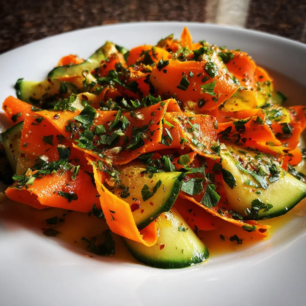 A side view of a colorful salad featuring cucumber and carrot ribbons garnished with dill.