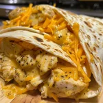 Close-up of a cheesy garlic chicken wrap with melted cheese and garnished with herbs.