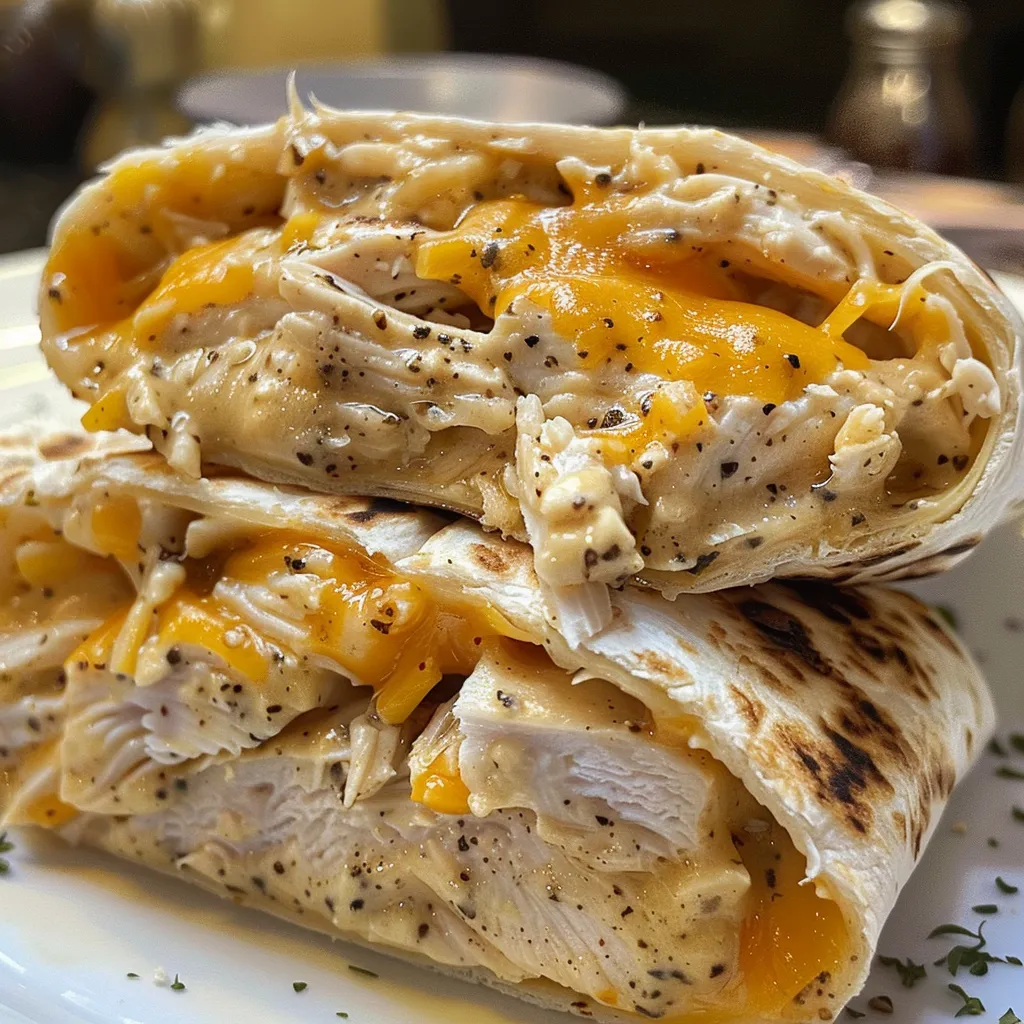 Side view of a chicken wrap filled with shredded chicken, garlic aioli, and cheddar cheese.