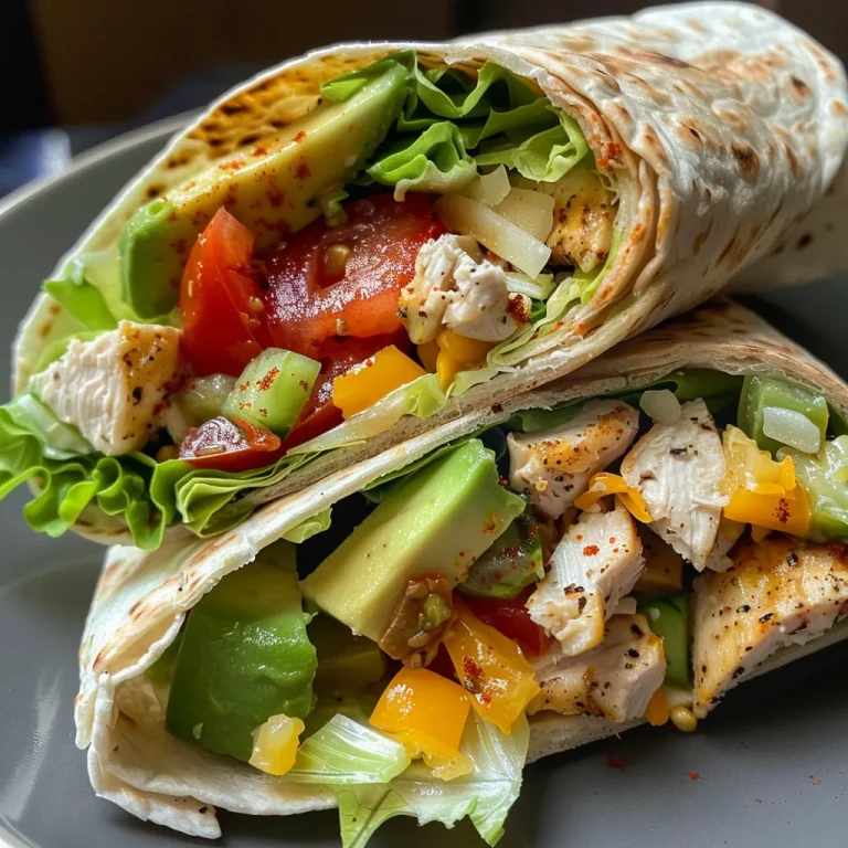 Close-up view of a chicken avocado wrap filled with fresh ingredients.