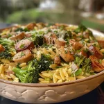 Close-up view of Chicken Sausage and Broccoli Orzo in a bowl.
