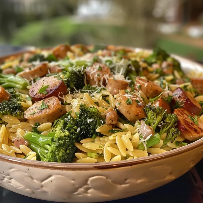 Close-up view of Chicken Sausage and Broccoli Orzo in a bowl.