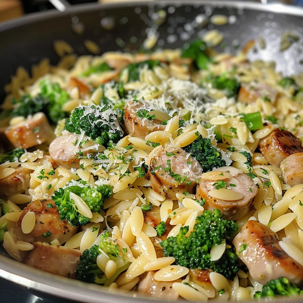 Side angle photo showcasing Chicken Sausage mixed with broccoli and orzo pasta.