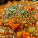 Close-up view of a bowl of Classic Lentil Soup with vibrant vegetables.