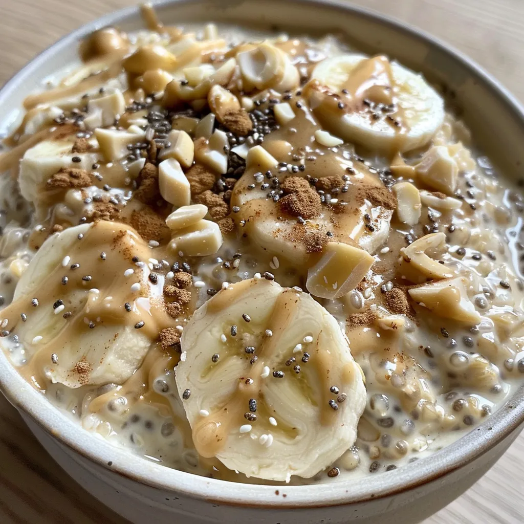 Side view of creamy overnight oats in a glass jar with toppings spilling out.