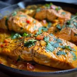 Close-up of juicy coconut curry salmon fillet with garlic butter, garnished with fresh herbs.