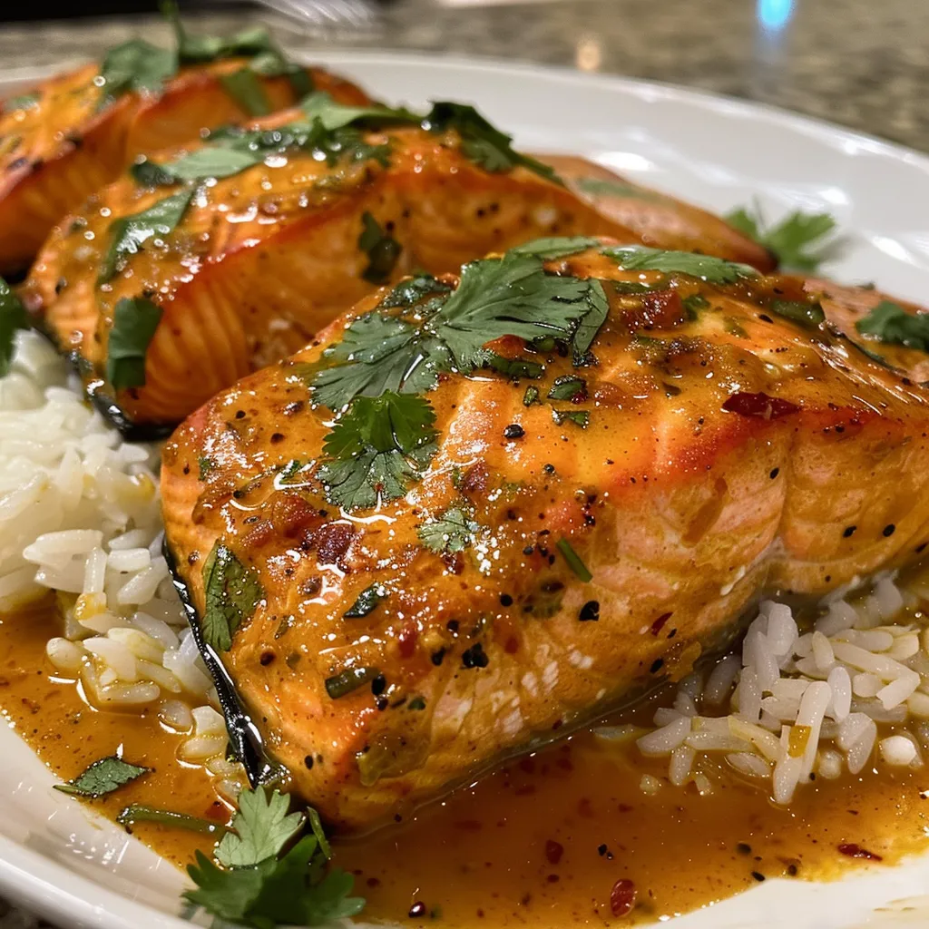 Side view of succulent salmon in a rich coconut curry sauce, showcasing garlic and spices.