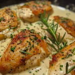 Close-up of creamy herb chicken with mashed potatoes and glazed carrots on a plate.