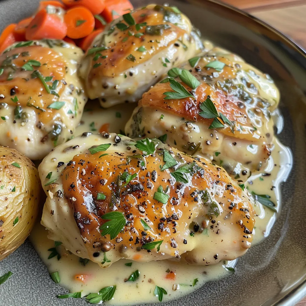 Side view of juicy chicken in a creamy sauce, served with fluffy mashed potatoes and vibrant carrots.