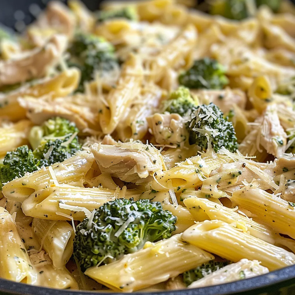A side view of a hearty bowl of pasta, featuring chicken, broccoli, and a rich sauce.
