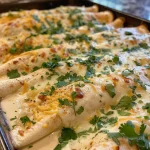 Close-up view of creamy white chicken enchiladas topped with melted cheese and diced green chiles.